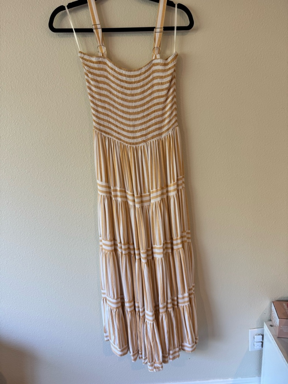 Petal + Pup Smocked Tiered Midi Dress | Yellow White Stripe|Size Medium| Boho